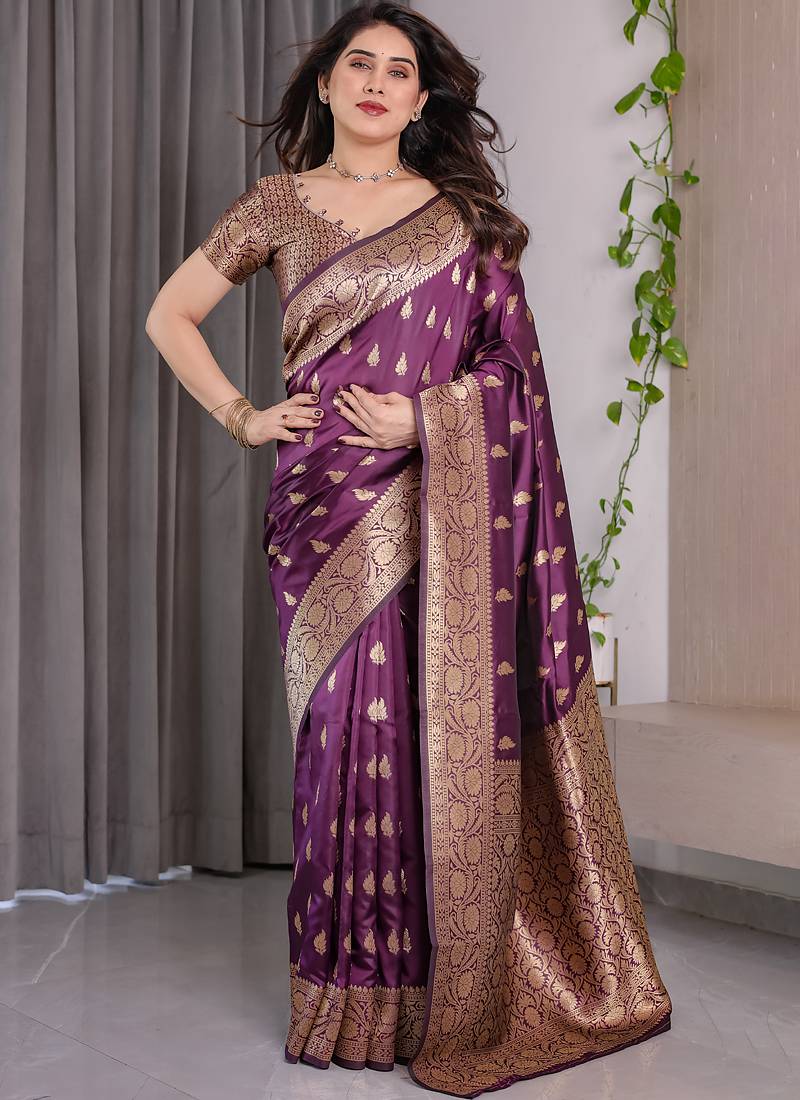 Wine soft lichi silk saree with blouse
