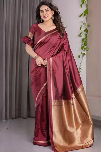 Maroon soft lichi silk saree with blouse