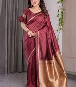 Maroon soft lichi silk saree with blouse