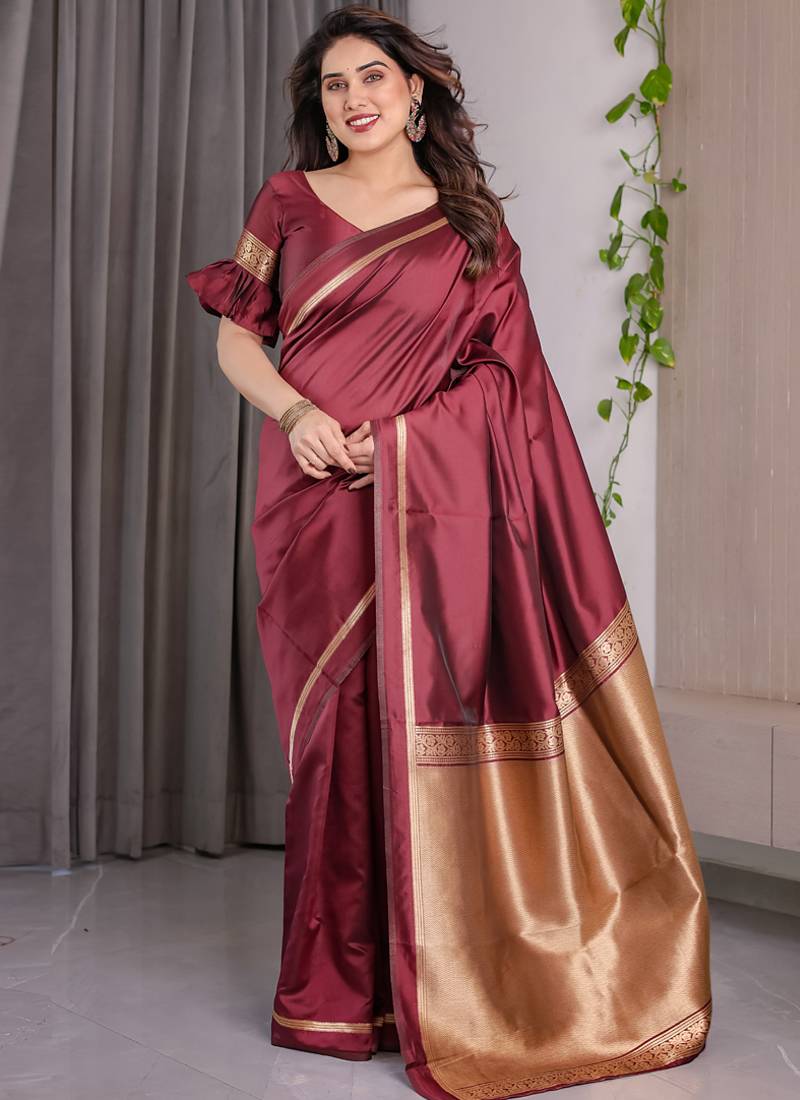Maroon soft lichi silk saree with blouse