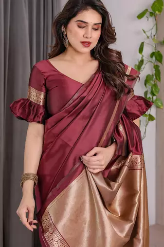 Maroon soft lichi silk saree with blouse