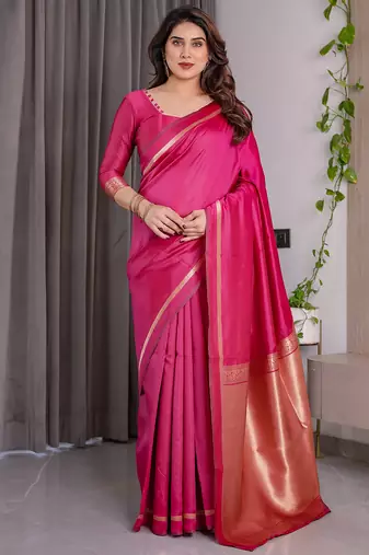 Pink soft lichi silk saree with blouse