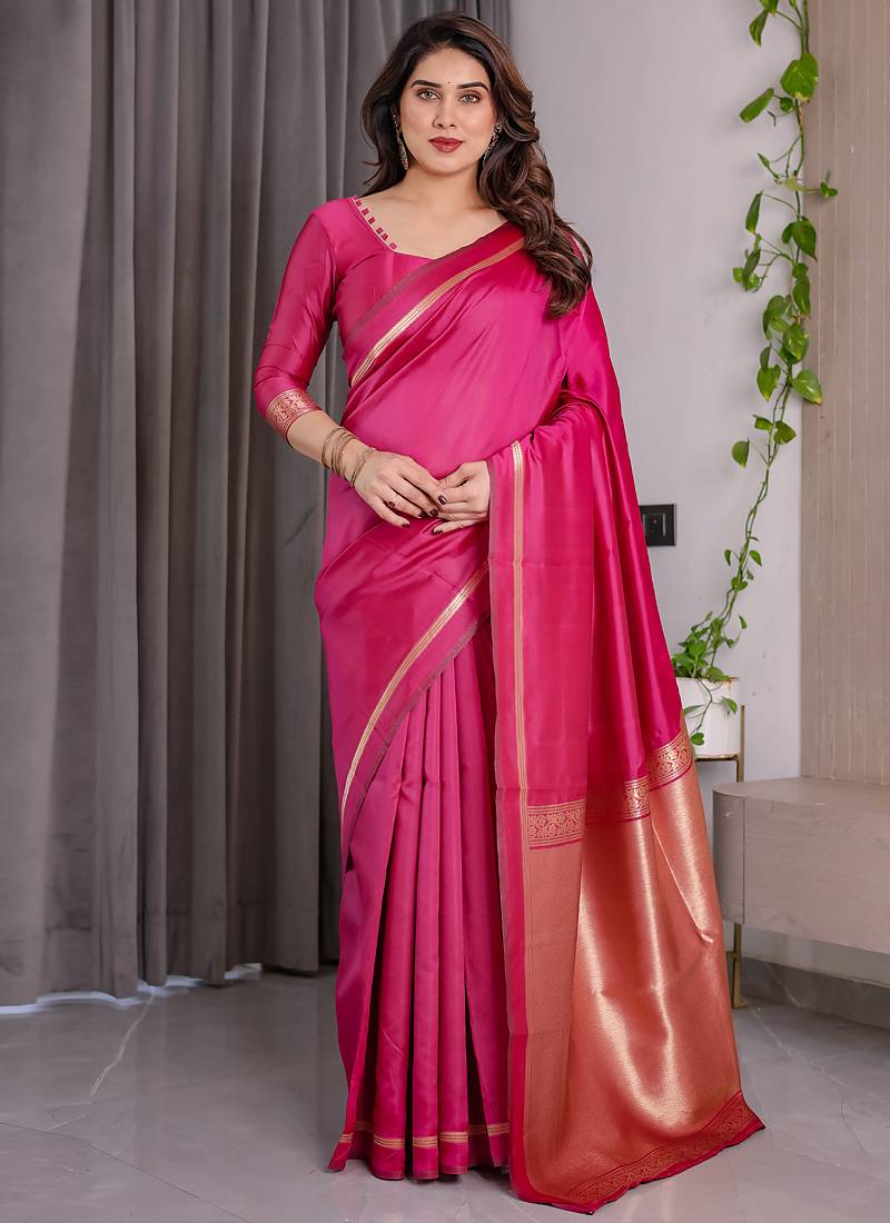 Pink soft lichi silk saree with blouse