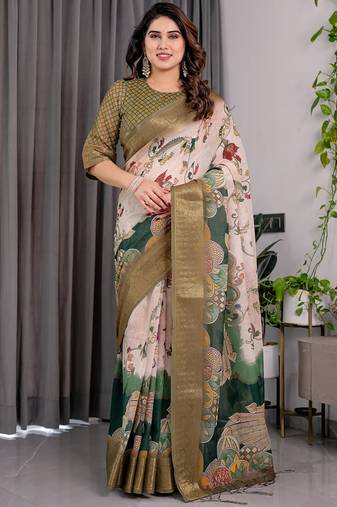 Olive pure handloom linen floral printed saree