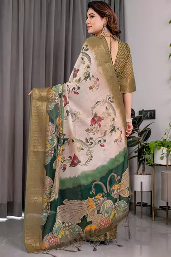 Olive pure handloom linen floral printed saree