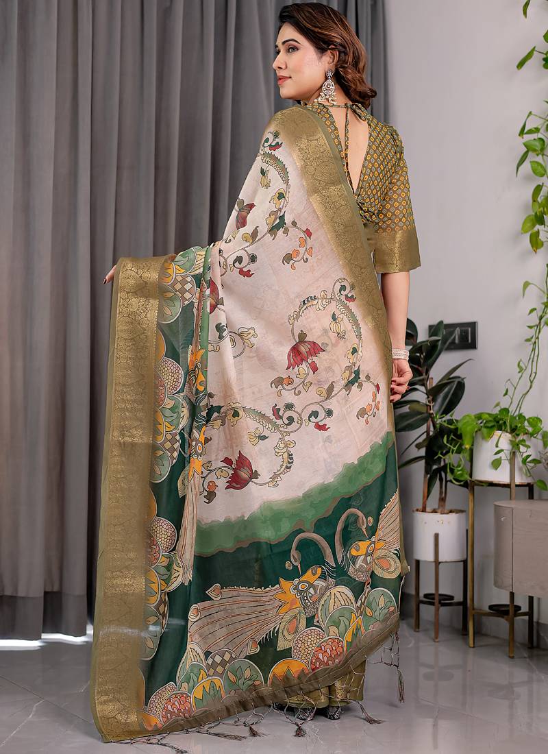 Olive pure handloom linen floral printed saree