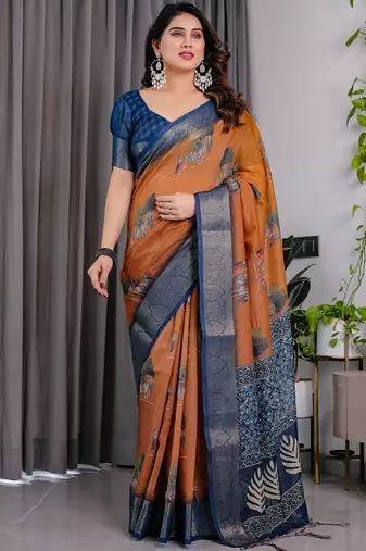 Brown pure handloom linen floral printed saree