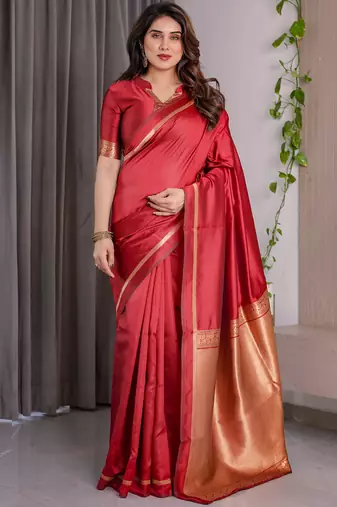Red soft lichi silk saree with blouse