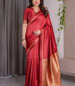 Red soft lichi silk saree with blouse