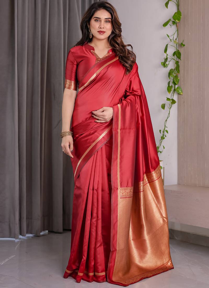 Red soft lichi silk saree with blouse