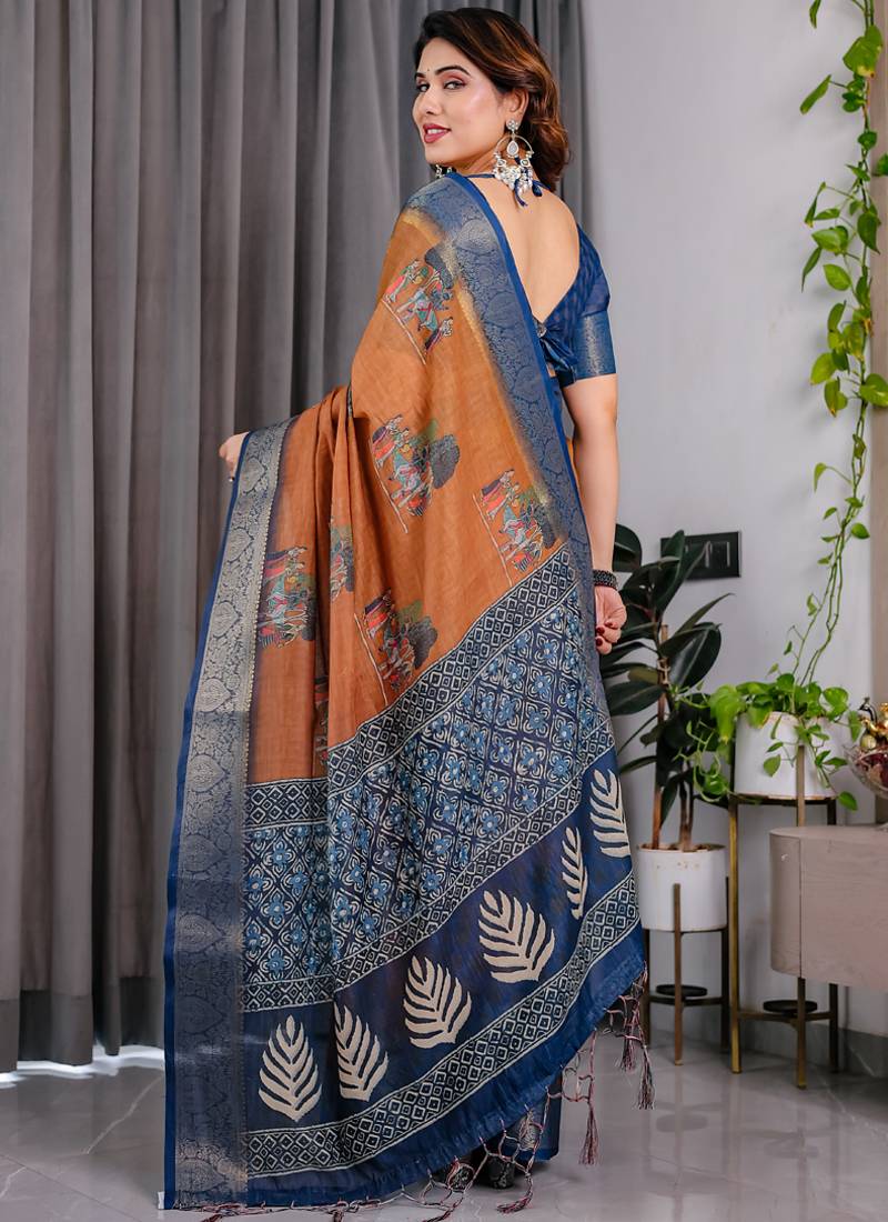Brown pure handloom linen floral printed saree