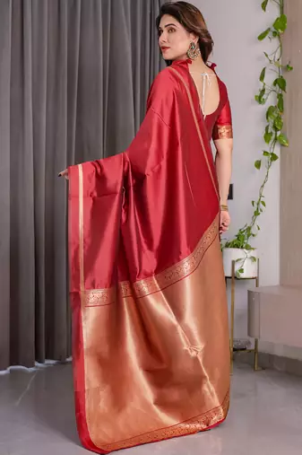 Red soft lichi silk saree with blouse