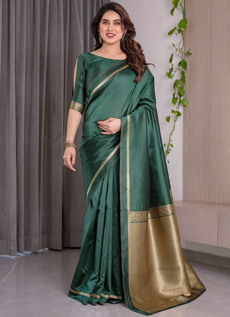 Green soft lichi silk saree with blouse