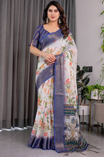 White pure handloom linen floral printed saree