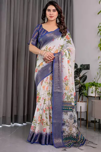 White pure handloom linen floral printed saree