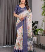 White pure handloom linen floral printed saree