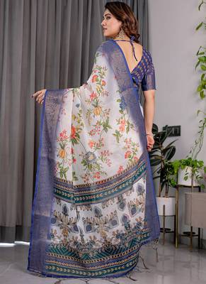 White pure handloom linen floral printed saree 2