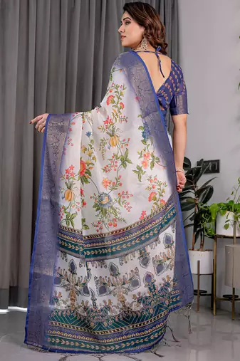 White pure handloom linen floral printed saree