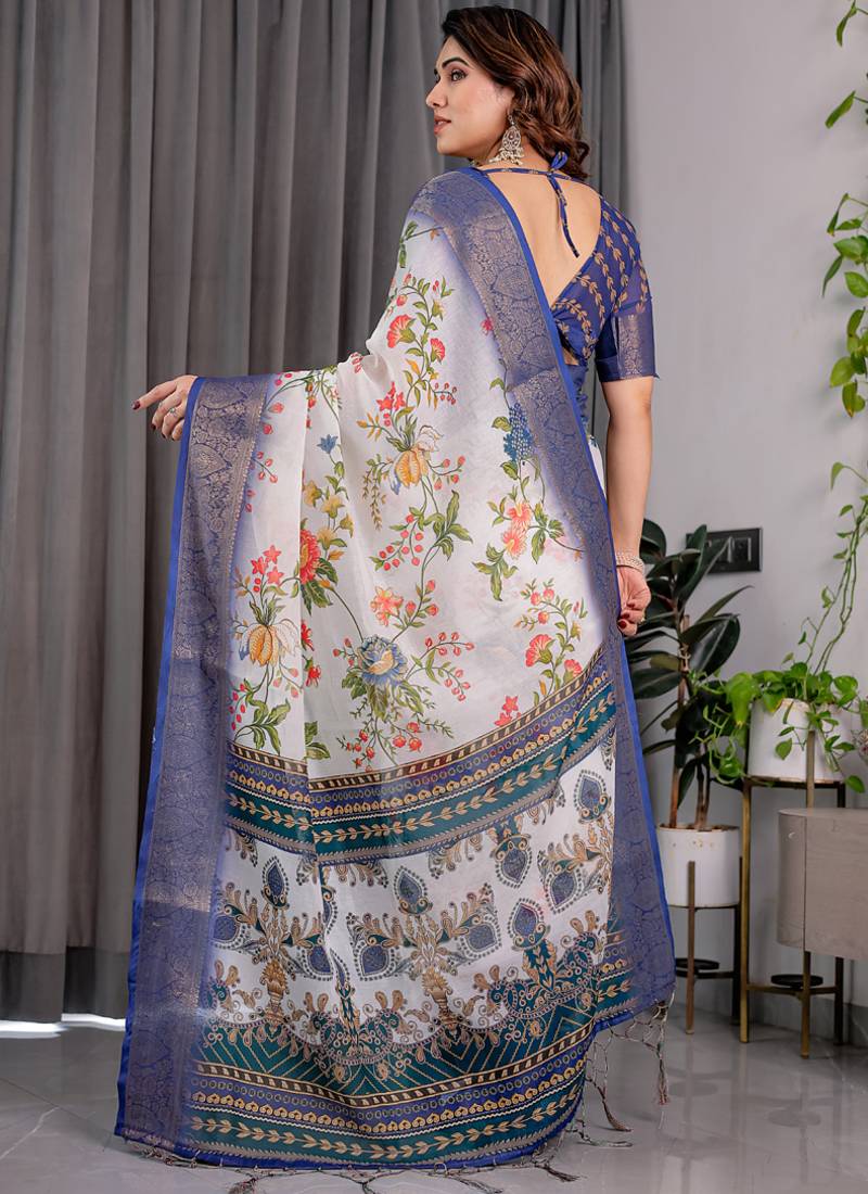 White pure handloom linen floral printed saree