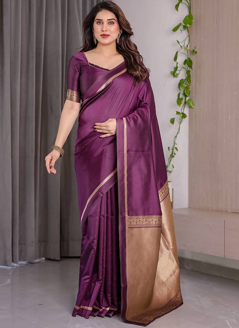 Wine soft lichi silk saree with blouse