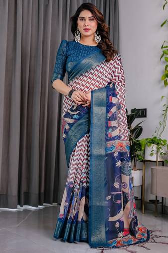 Blue pure handloom linen floral printed saree