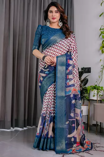 Blue pure handloom linen floral printed saree