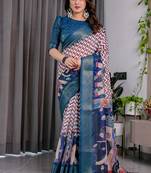 Blue pure handloom linen floral printed saree