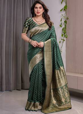 Green soft lichi silk saree with blouse 1