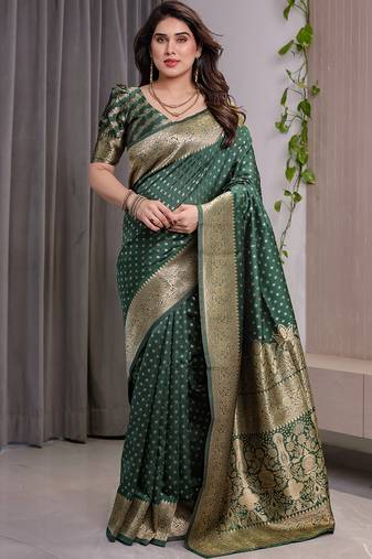 Green soft lichi silk saree with blouse