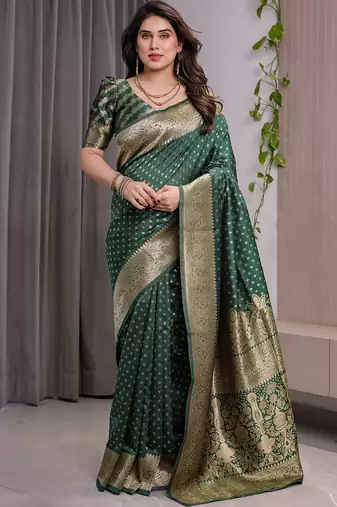 Green soft lichi silk saree with blouse