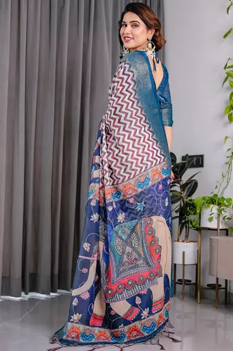 Blue pure handloom linen floral printed saree