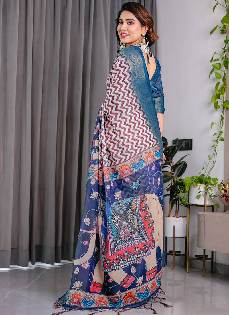 Blue pure handloom linen floral printed saree