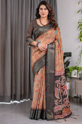Brown pure handloom linen floral printed saree