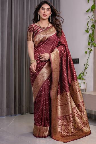 Maroon soft lichi silk saree with blouse