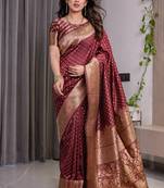 Maroon soft lichi silk saree with blouse