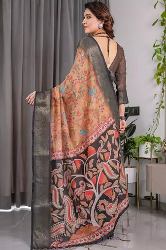 Brown pure handloom linen floral printed saree