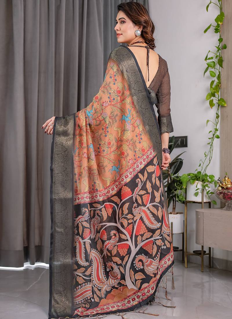 Brown pure handloom linen floral printed saree