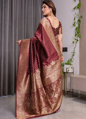 Maroon soft lichi silk saree with blouse 2