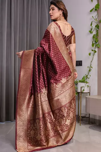Maroon soft lichi silk saree with blouse