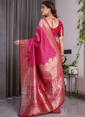 Pink soft lichi silk saree with blouse 2