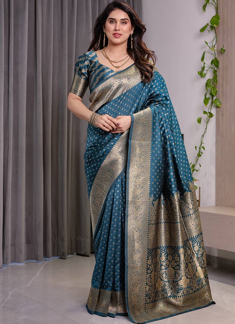 Rama soft lichi silk saree with blouse
