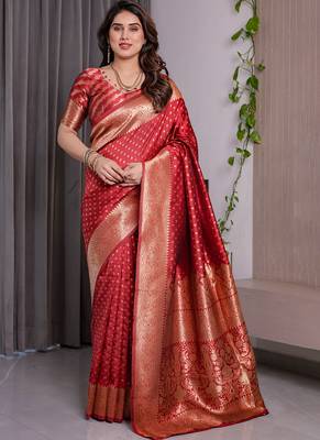 Red soft lichi silk saree with blouse 1