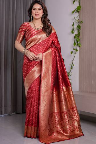 Red soft lichi silk saree with blouse