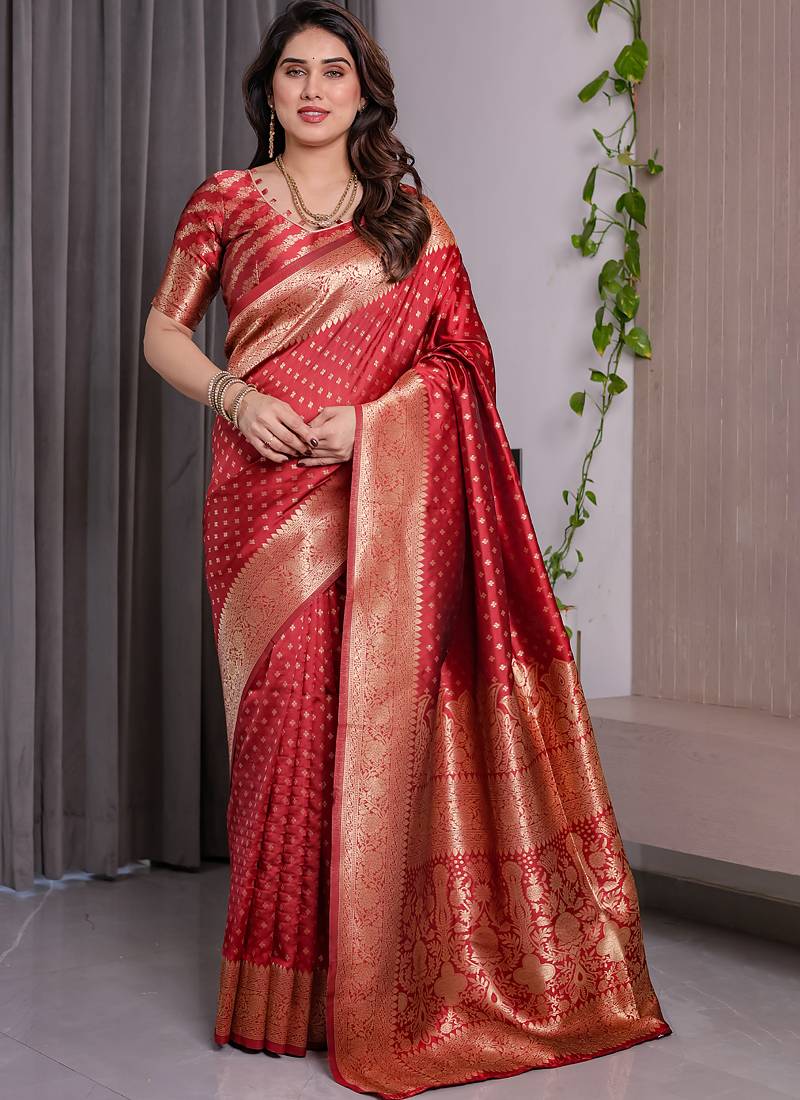 Red soft lichi silk saree with blouse