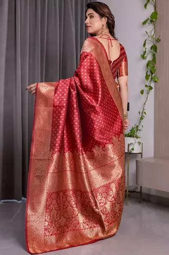 Red soft lichi silk saree with blouse