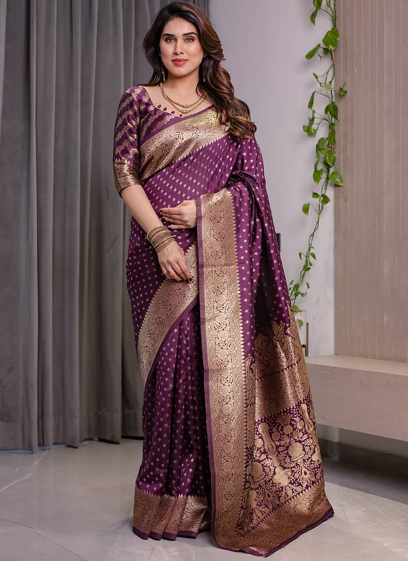 Wine soft lichi silk saree with blouse