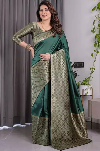 Green soft lichi silk saree with blouse