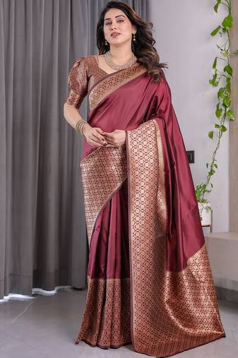 Maroon soft lichi silk saree with blouse