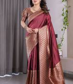 Maroon soft lichi silk saree with blouse