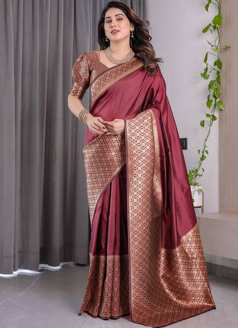 Maroon soft lichi silk saree with blouse
